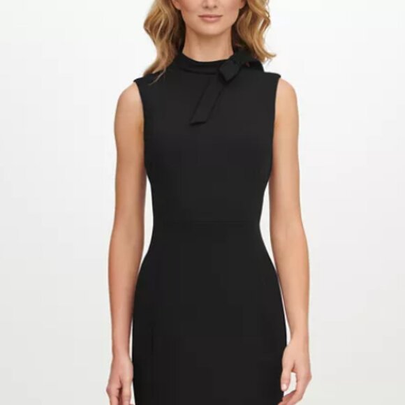 Calvin Klein Women' Black Fitted Sleeveless Above Knee Sheath Dress Sz 12 Bow - Picture 1 of 6